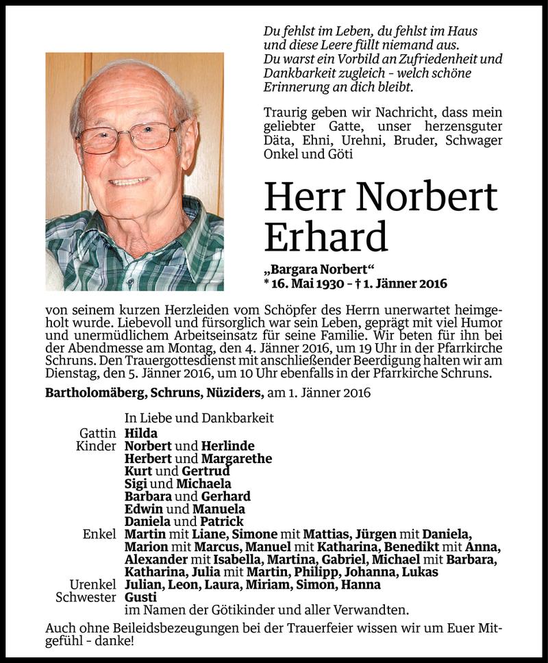  Todesanzeige für Norbert Erhart vom 01.01.2016 aus Vorarlberger Nachrichten