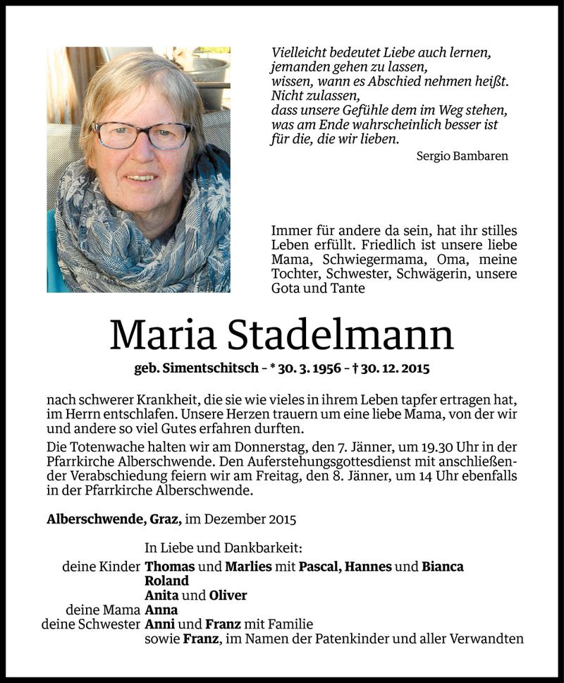  Todesanzeige für Maria Stadelmann vom 03.01.2016 aus Vorarlberger Nachrichten