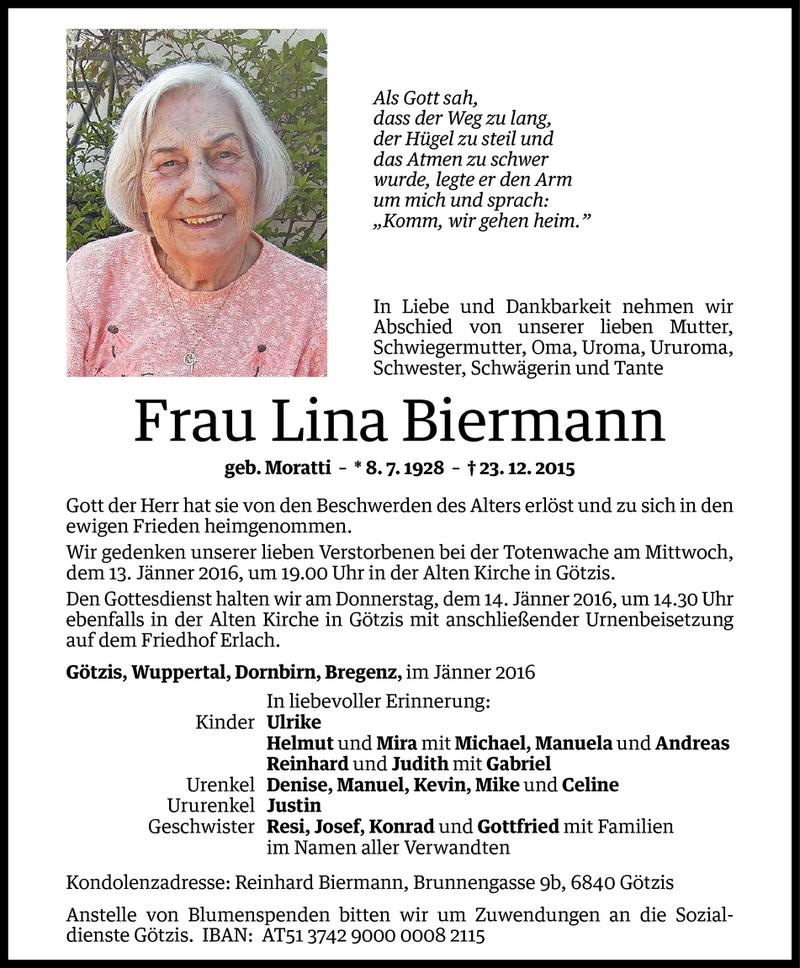  Todesanzeige für Lina Biermann vom 09.01.2016 aus Vorarlberger Nachrichten