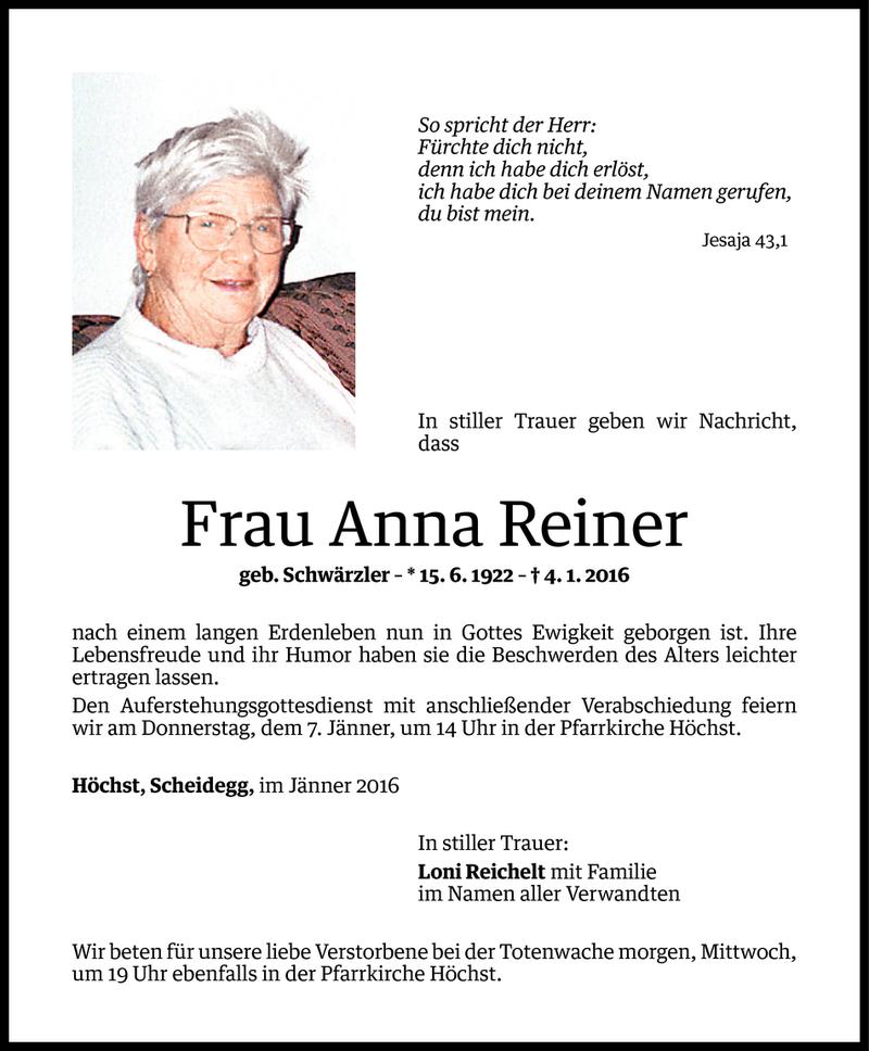  Todesanzeige für Anna Reiner vom 04.01.2016 aus Vorarlberger Nachrichten