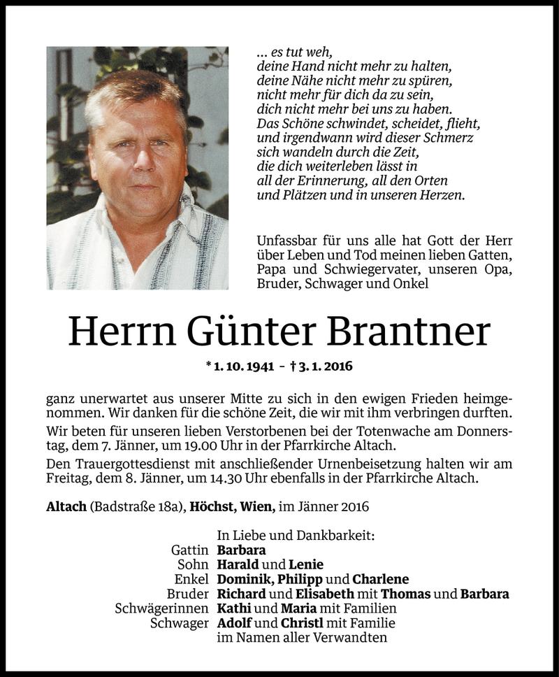  Todesanzeige für Günter Brantner vom 05.01.2016 aus Vorarlberger Nachrichten