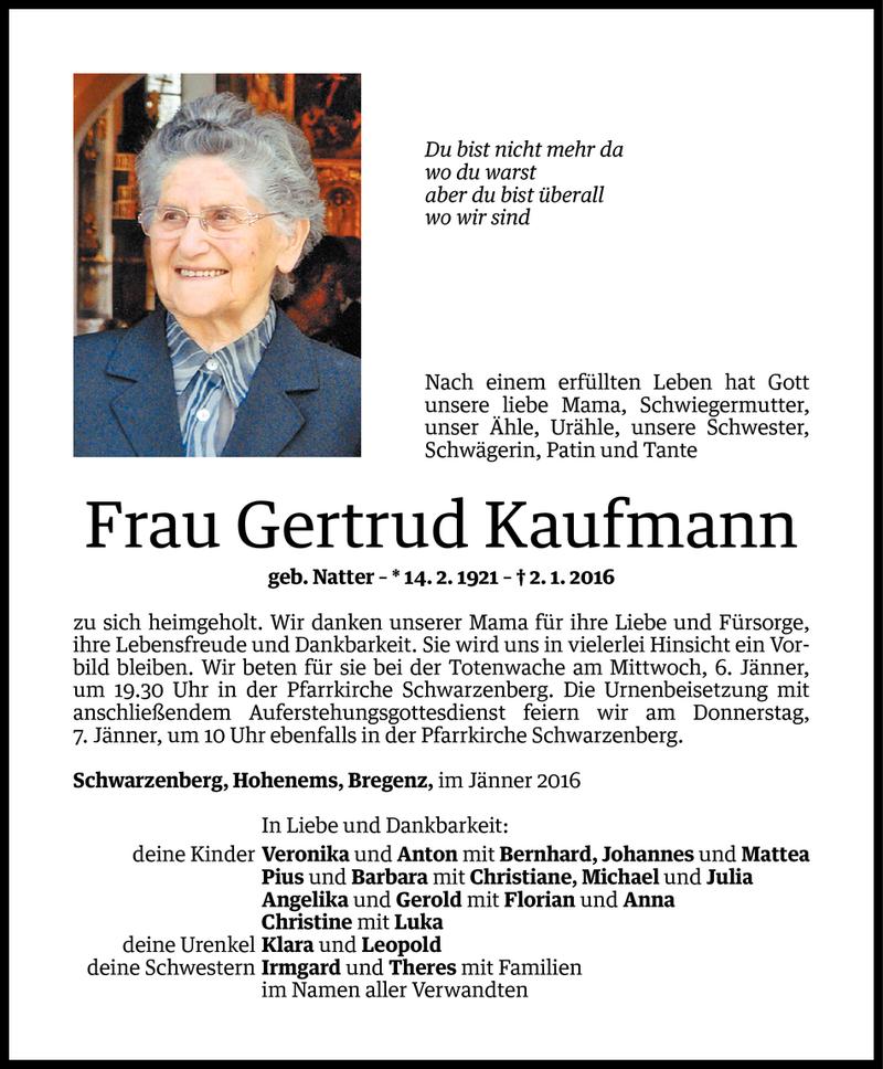  Todesanzeige für Gertrud Kaufmann vom 04.01.2016 aus Vorarlberger Nachrichten