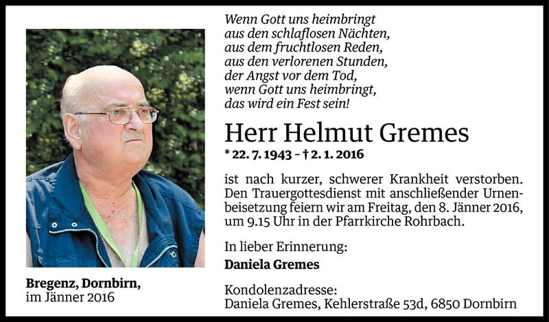  Todesanzeige für Helmut Gremes vom 04.01.2016 aus Vorarlberger Nachrichten