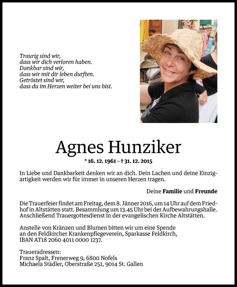  Todesanzeige für Agnes Hunziker vom 04.01.2016 aus Vorarlberger Nachrichten