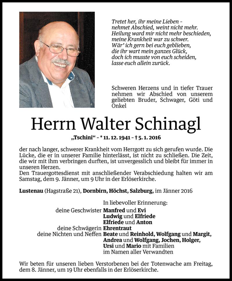  Todesanzeige für Walter Schinagl vom 05.01.2016 aus Vorarlberger Nachrichten