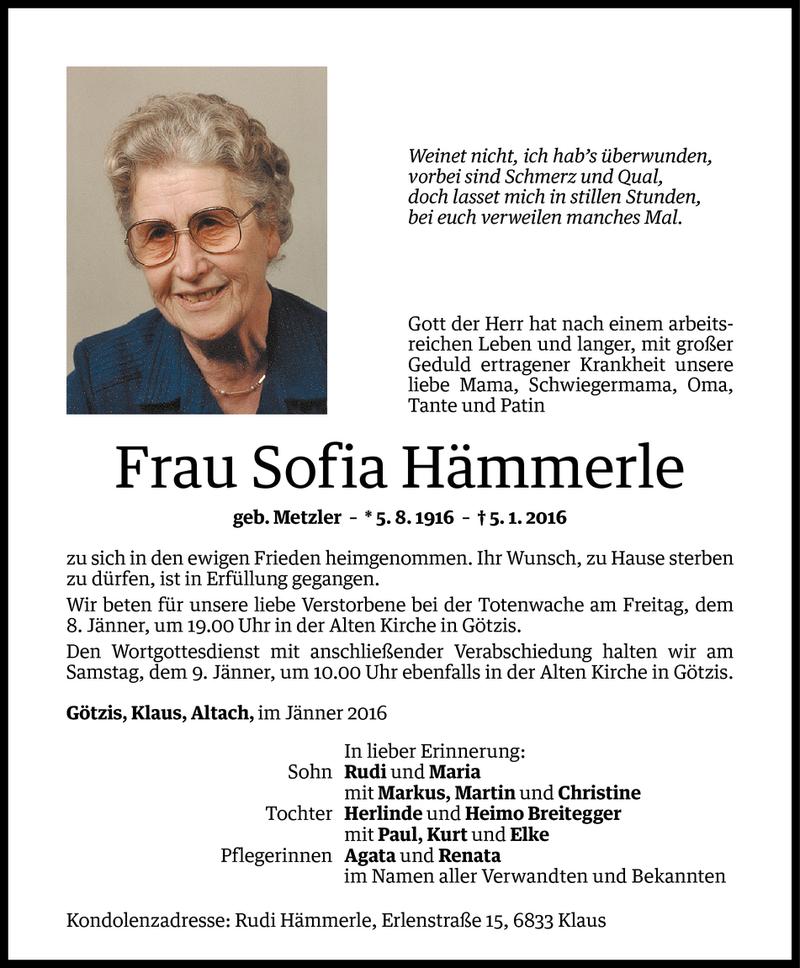  Todesanzeige für Sofia Hämmerle vom 08.01.2016 aus Vorarlberger Nachrichten