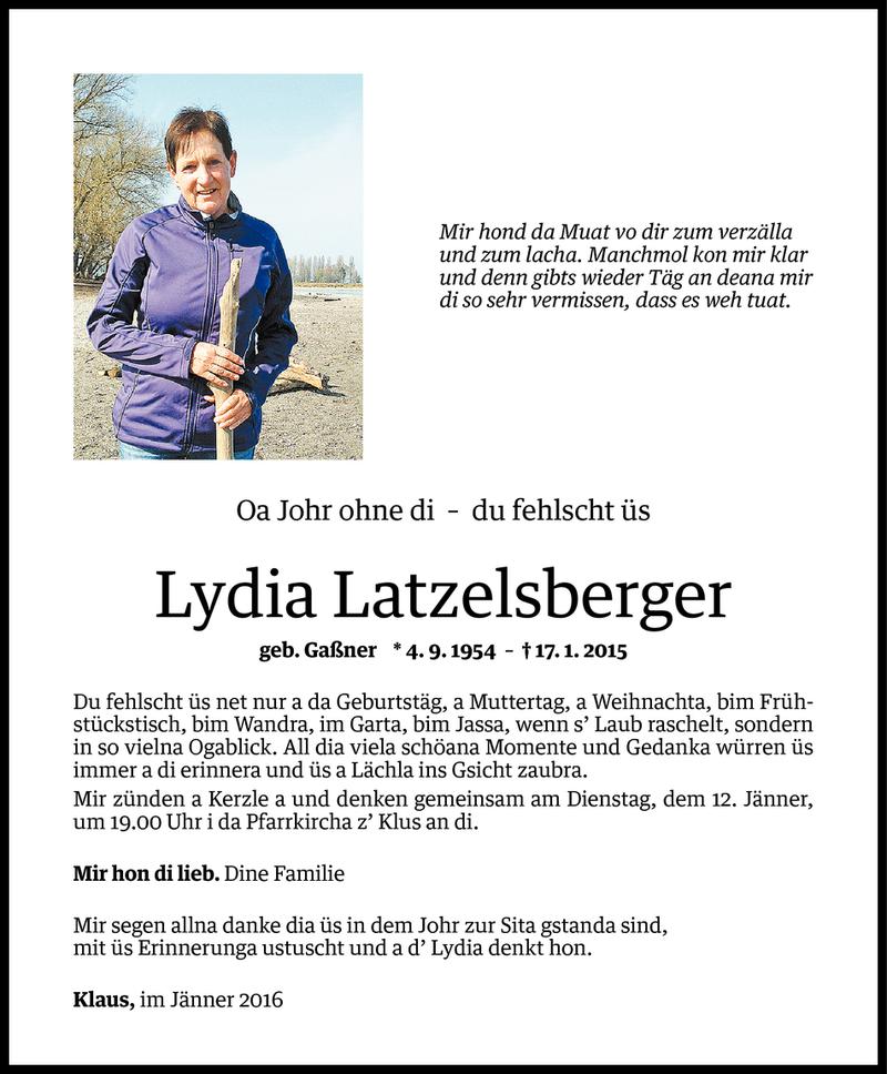  Todesanzeige für Lydia Latzelsberger vom 09.01.2016 aus Vorarlberger Nachrichten