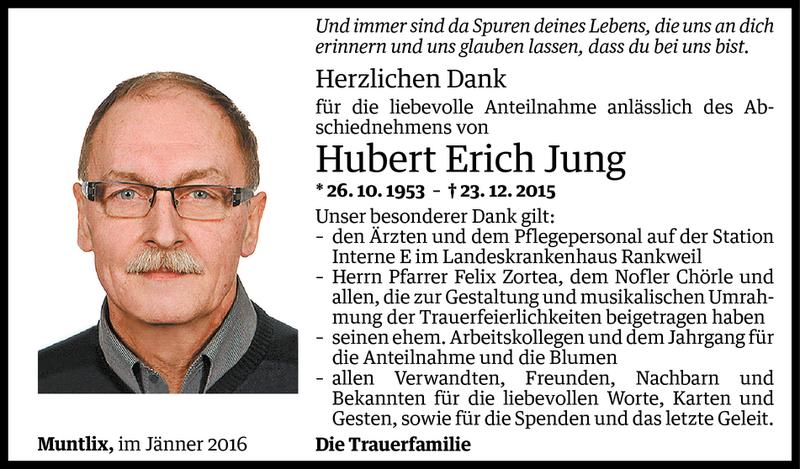  Todesanzeige für Hubert Erich Jung vom 09.01.2016 aus Vorarlberger Nachrichten