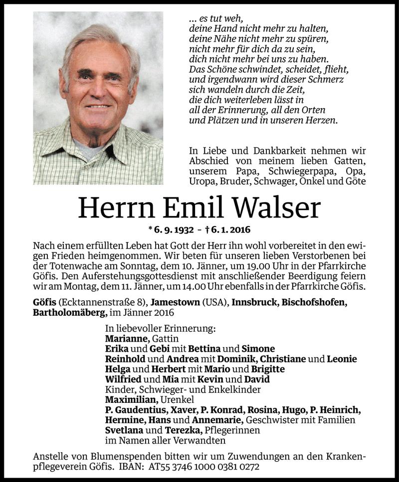  Todesanzeige für Emil Walser vom 09.01.2016 aus Vorarlberger Nachrichten