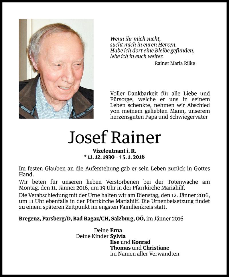  Todesanzeige für Josef Rainer vom 08.01.2016 aus Vorarlberger Nachrichten