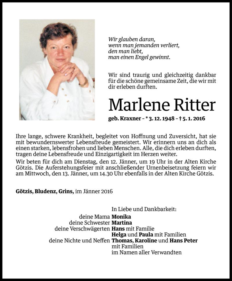  Todesanzeige für Marlene Ritter vom 09.01.2016 aus Vorarlberger Nachrichten