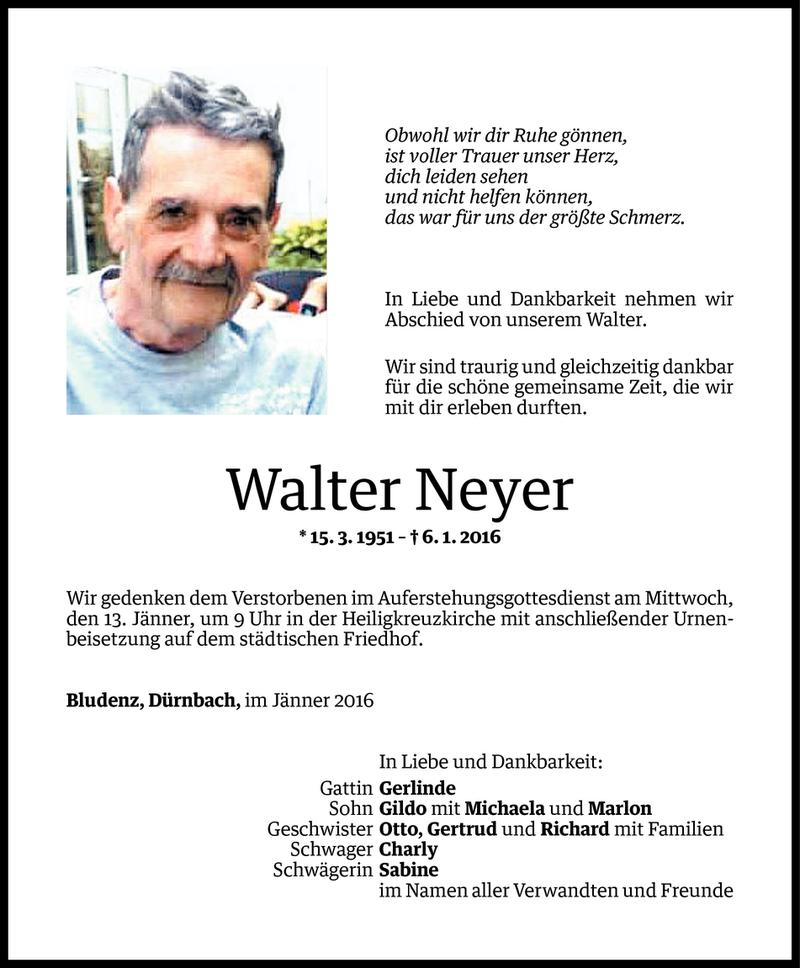  Todesanzeige für Walter Neyer vom 09.01.2016 aus Vorarlberger Nachrichten