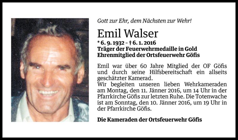  Todesanzeige für Emil Walser vom 08.01.2016 aus Vorarlberger Nachrichten