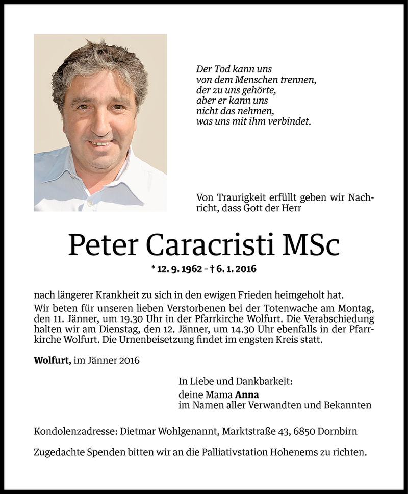  Todesanzeige für Peter Caracristi vom 08.01.2016 aus Vorarlberger Nachrichten