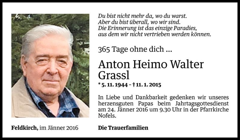  Todesanzeige für Anton Heimo Walter Grassl vom 10.01.2016 aus Vorarlberger Nachrichten