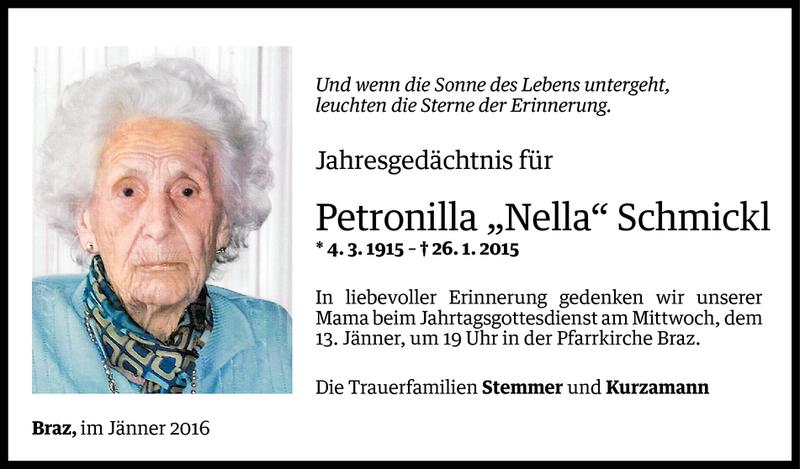  Todesanzeige für Petronilla Schmickl vom 10.01.2016 aus Vorarlberger Nachrichten