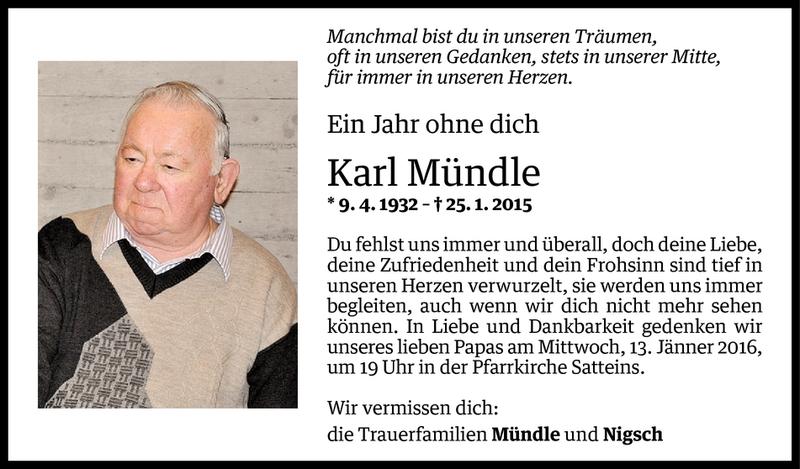  Todesanzeige für Karl Mündle vom 10.01.2016 aus Vorarlberger Nachrichten