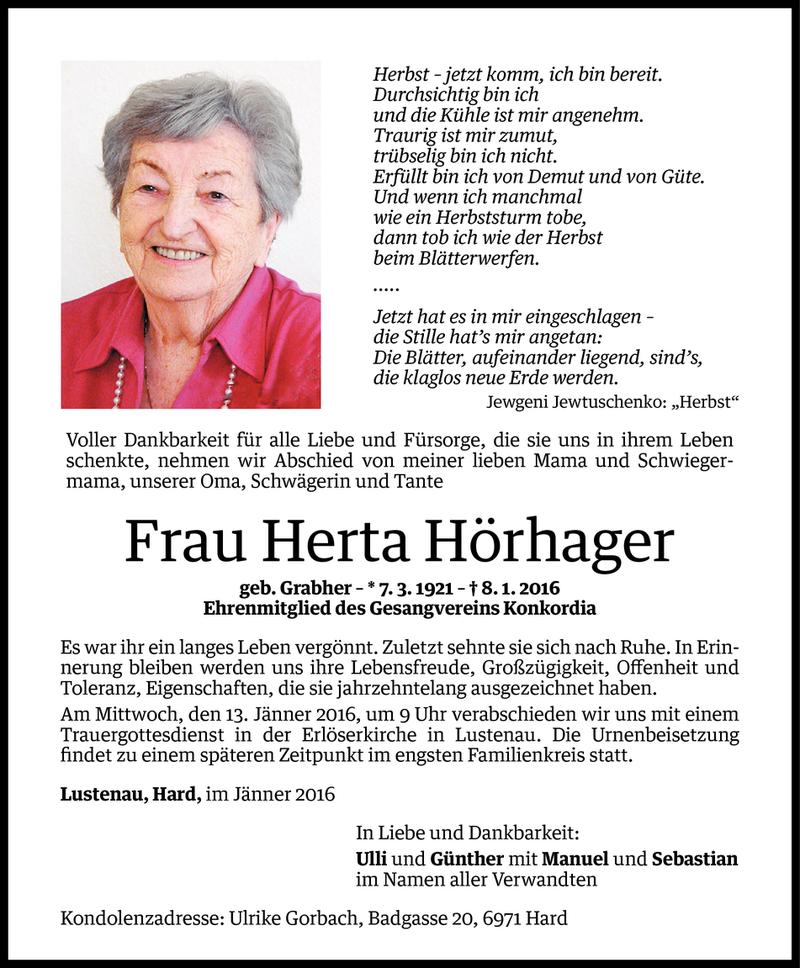  Todesanzeige für Herta Hörhager vom 10.01.2016 aus Vorarlberger Nachrichten