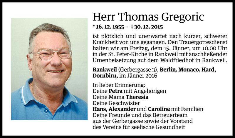  Todesanzeige für Thomas Gregoric vom 11.01.2016 aus Vorarlberger Nachrichten