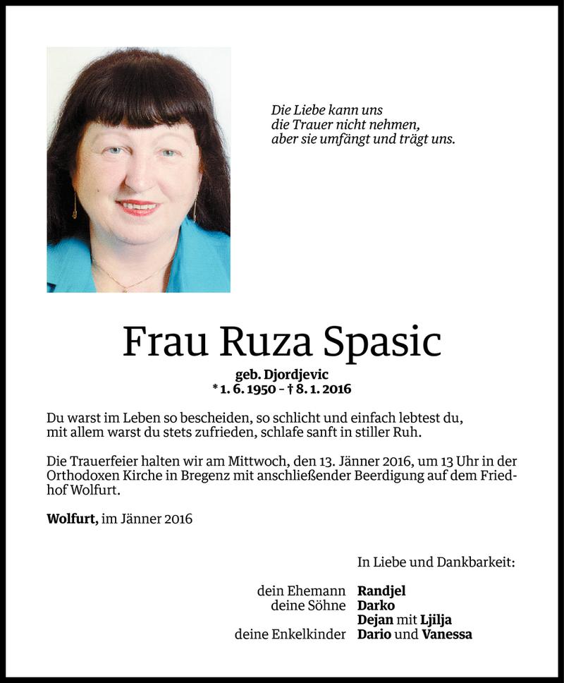  Todesanzeige für Ruza Spasic vom 10.01.2016 aus Vorarlberger Nachrichten