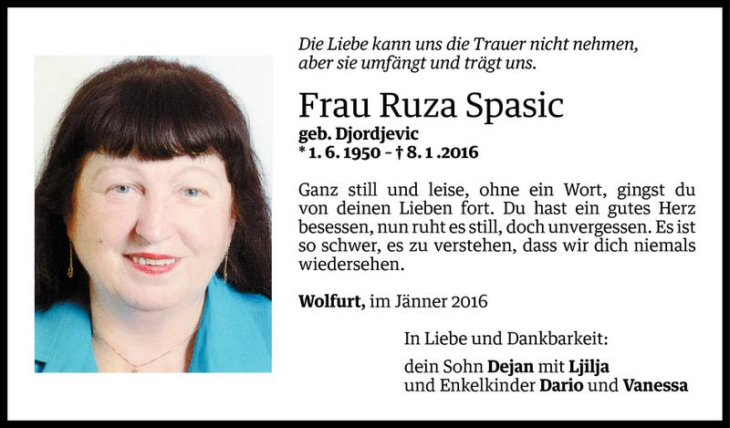  Todesanzeige für Ruza Spasic vom 10.01.2016 aus Vorarlberger Nachrichten