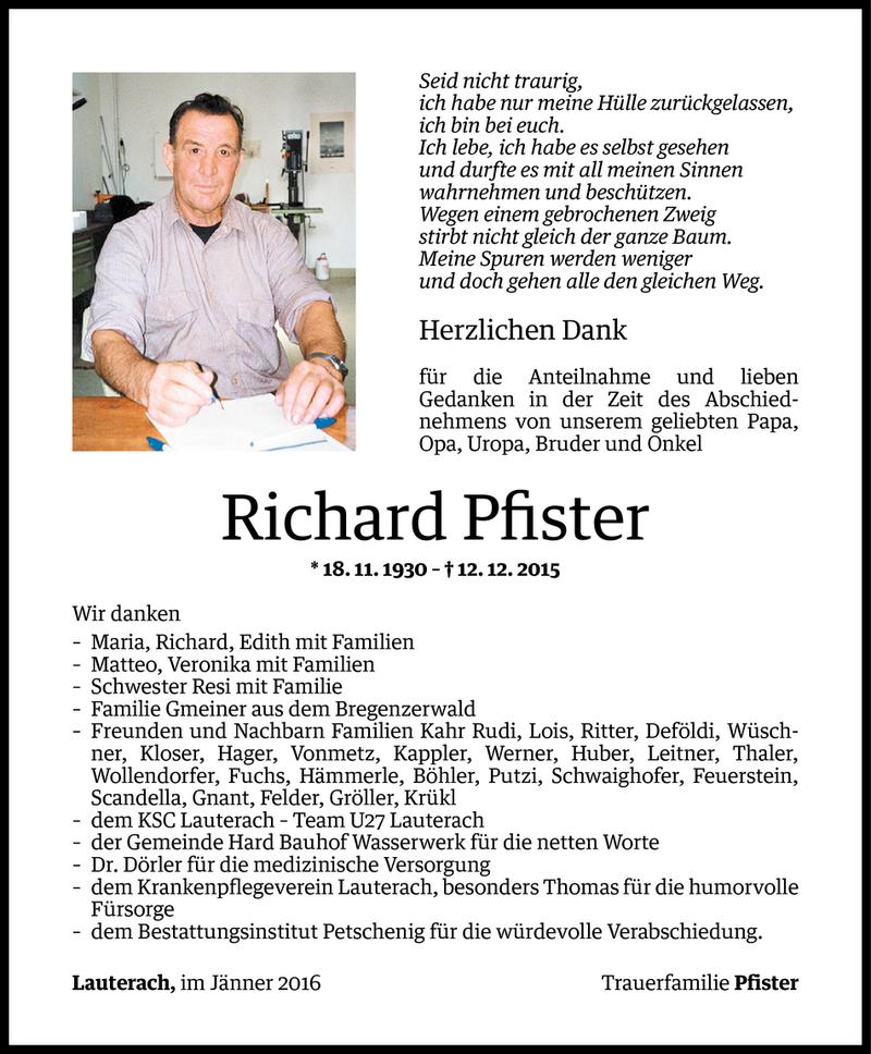  Todesanzeige für Richard Pfister vom 11.01.2016 aus Vorarlberger Nachrichten