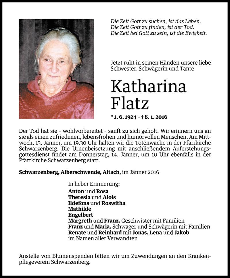  Todesanzeige für Katharina Flatz vom 11.01.2016 aus Vorarlberger Nachrichten