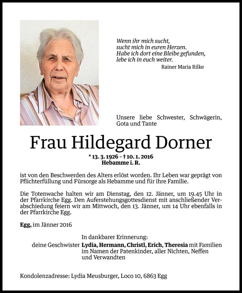  Todesanzeige für Hildegard Dorner vom 11.01.2016 aus Vorarlberger Nachrichten