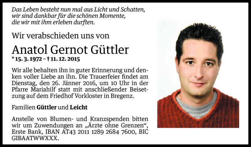  Todesanzeige für Anatol Gernot Güttler vom 15.01.2016 aus Vorarlberger Nachrichten