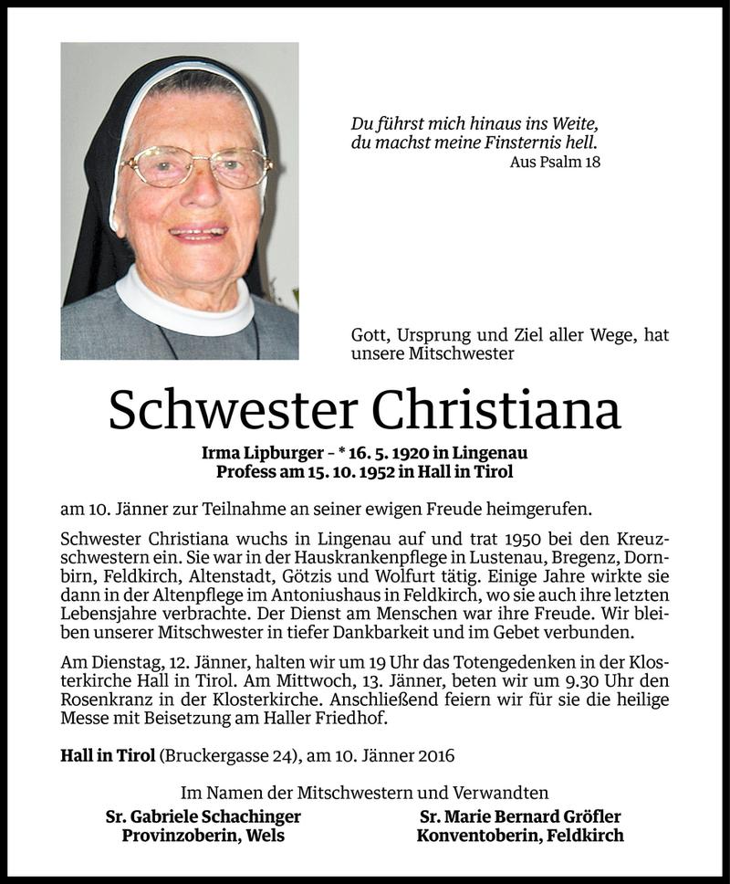  Todesanzeige für Irma Lipburger - Sr. Christiana vom 11.01.2016 aus Vorarlberger Nachrichten