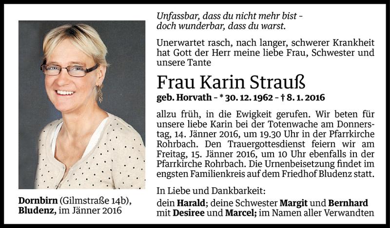  Todesanzeige für Karin Strauß vom 11.01.2016 aus Vorarlberger Nachrichten