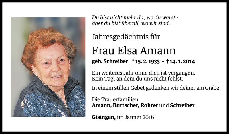  Todesanzeige für Elsa Amann vom 14.01.2016 aus Vorarlberger Nachrichten