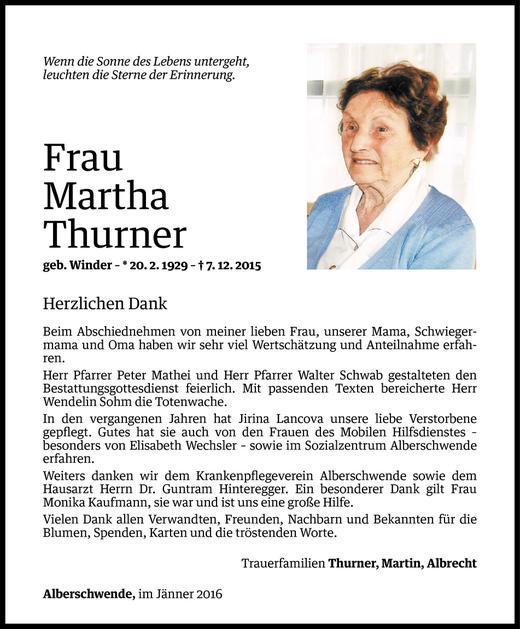 Todesanzeige von Martha Thurner von Vorarlberger Nachrichten