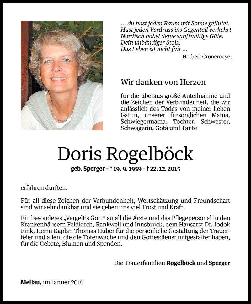  Todesanzeige für Doris Rögelböck vom 14.01.2016 aus Vorarlberger Nachrichten