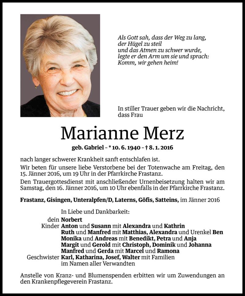  Todesanzeige für Marianne Merz vom 12.01.2016 aus Vorarlberger Nachrichten