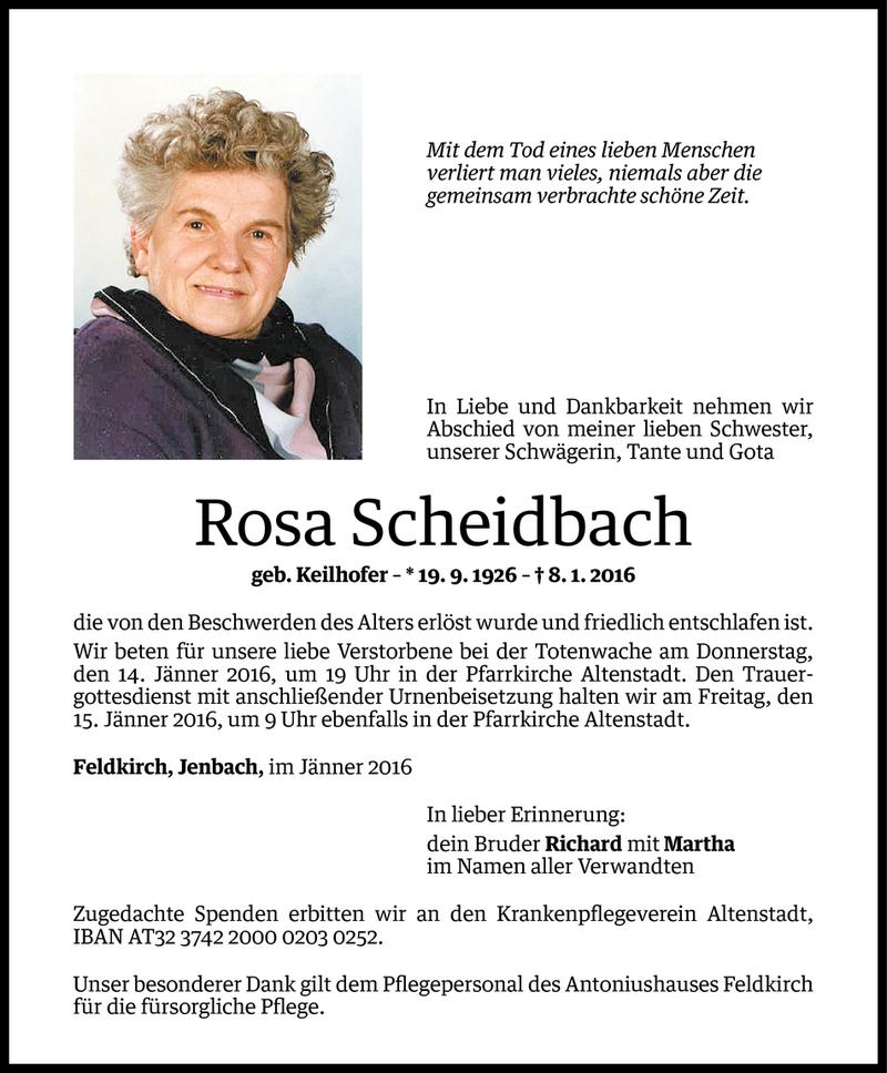  Todesanzeige für Rosa Scheidbach vom 12.01.2016 aus Vorarlberger Nachrichten