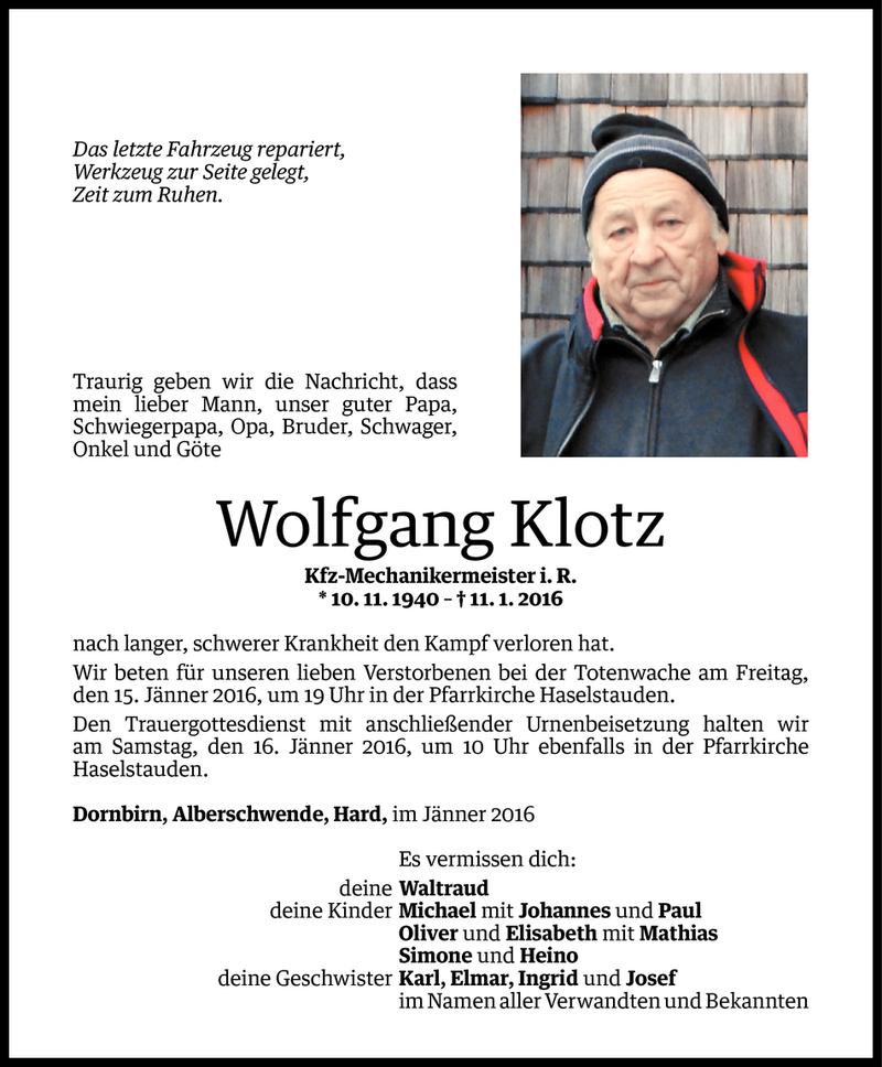  Todesanzeige für Wolfgang Klotz vom 12.01.2016 aus Vorarlberger Nachrichten