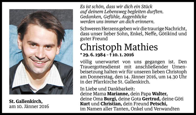  Todesanzeige für Christoph Mathies vom 12.01.2016 aus Vorarlberger Nachrichten