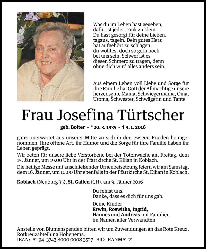  Todesanzeige für Josefina Türtscher vom 13.01.2016 aus Vorarlberger Nachrichten