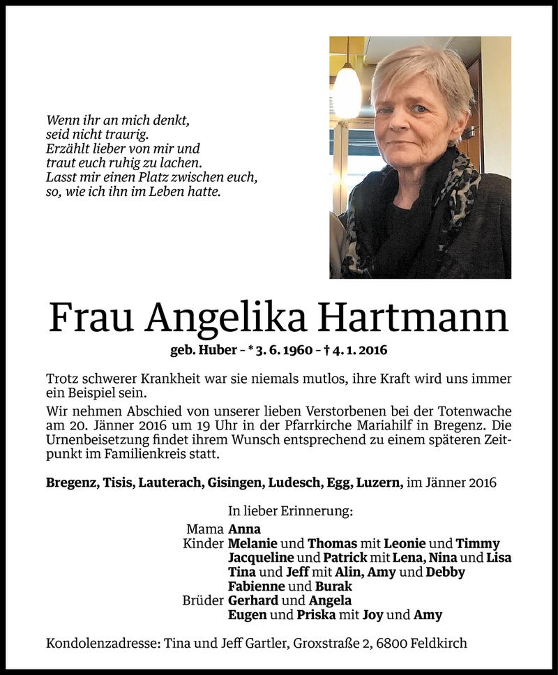  Todesanzeige für Angelika Hartmann vom 15.01.2016 aus Vorarlberger Nachrichten