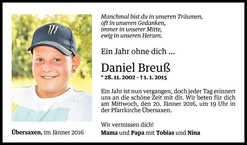  Todesanzeige für Daniel Breuß vom 15.01.2016 aus Vorarlberger Nachrichten