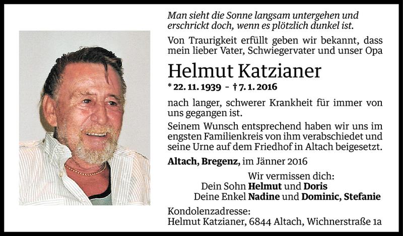  Todesanzeige für Helmut Katzianer vom 15.01.2016 aus Vorarlberger Nachrichten