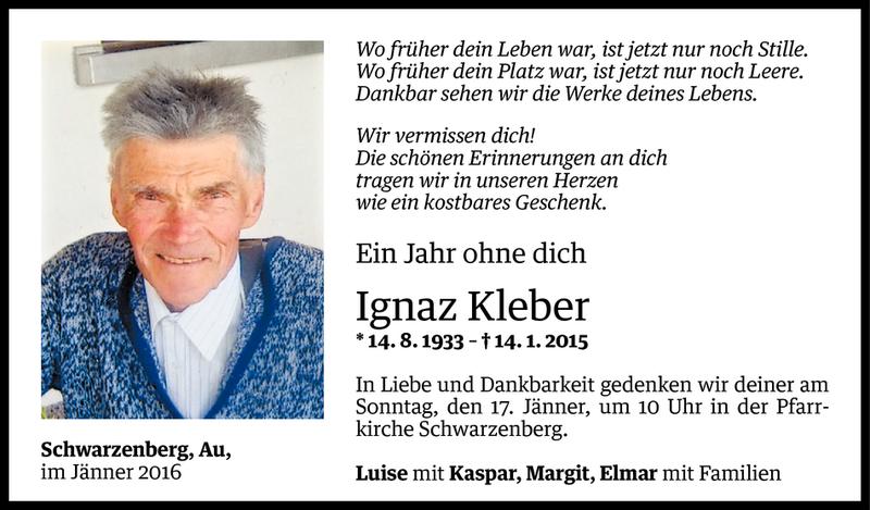  Todesanzeige für Ignaz Kleber vom 13.01.2016 aus Vorarlberger Nachrichten