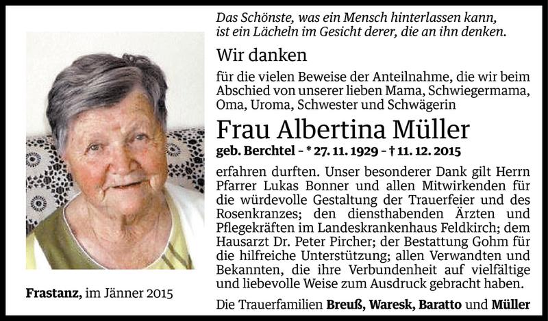  Todesanzeige für Albertina Müller vom 13.01.2016 aus Vorarlberger Nachrichten