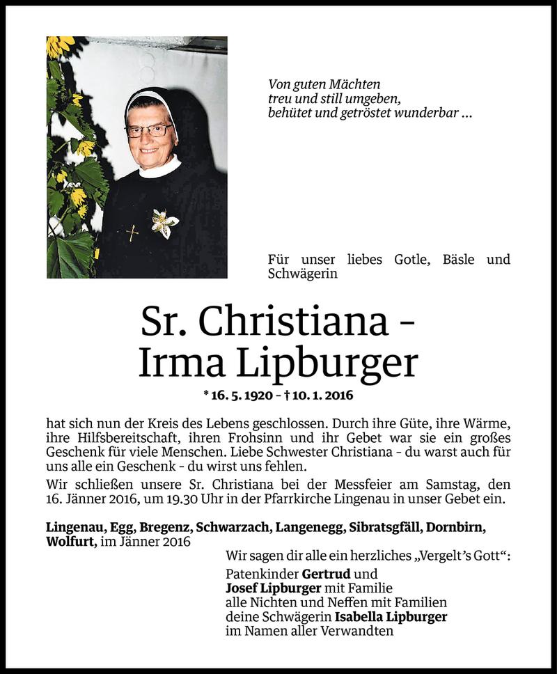  Todesanzeige für Irma Lipburger - Sr. Christiana vom 13.01.2016 aus Vorarlberger Nachrichten