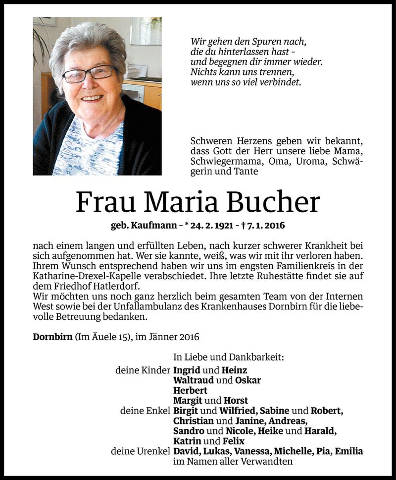  Todesanzeige für Maria Bucher vom 14.01.2016 aus Vorarlberger Nachrichten