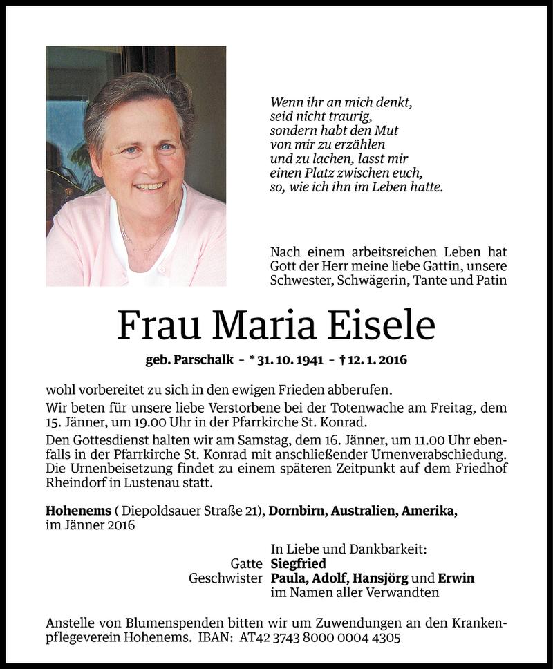  Todesanzeige für Maria Eisele vom 14.01.2016 aus Vorarlberger Nachrichten