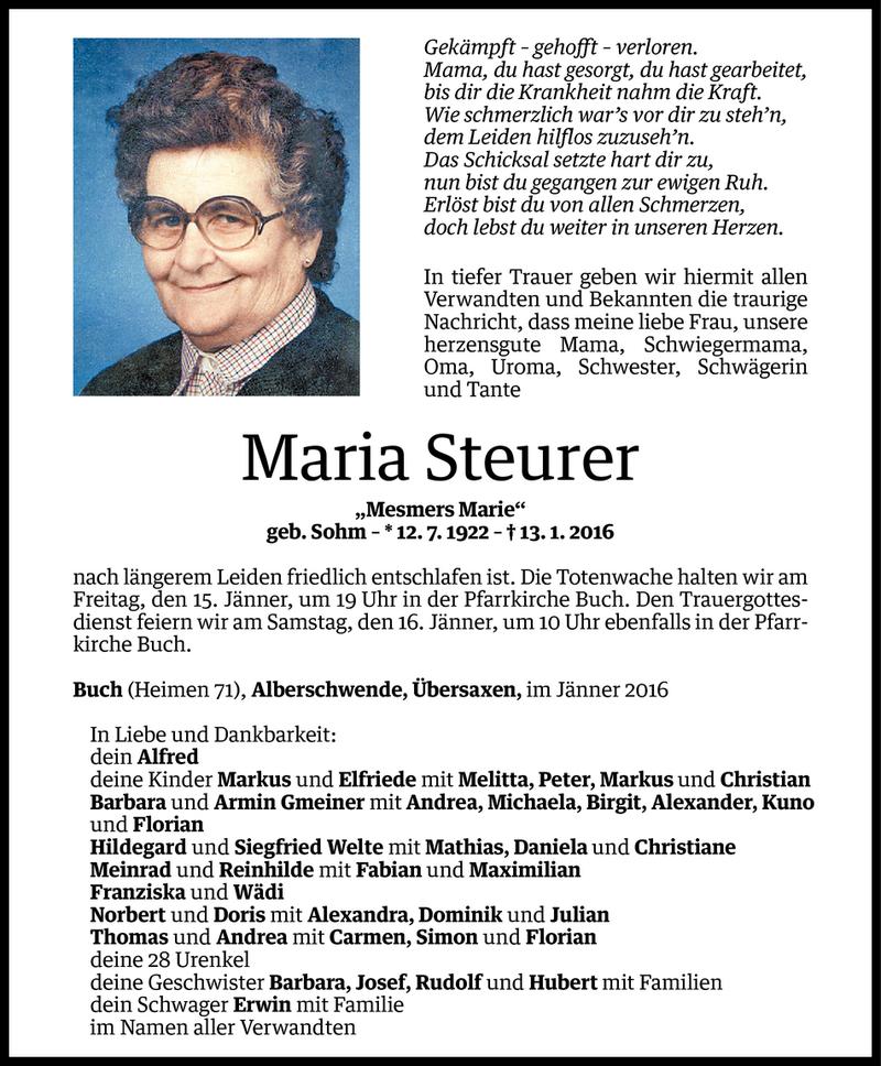  Todesanzeige für Maria Steurer vom 13.01.2016 aus Vorarlberger Nachrichten