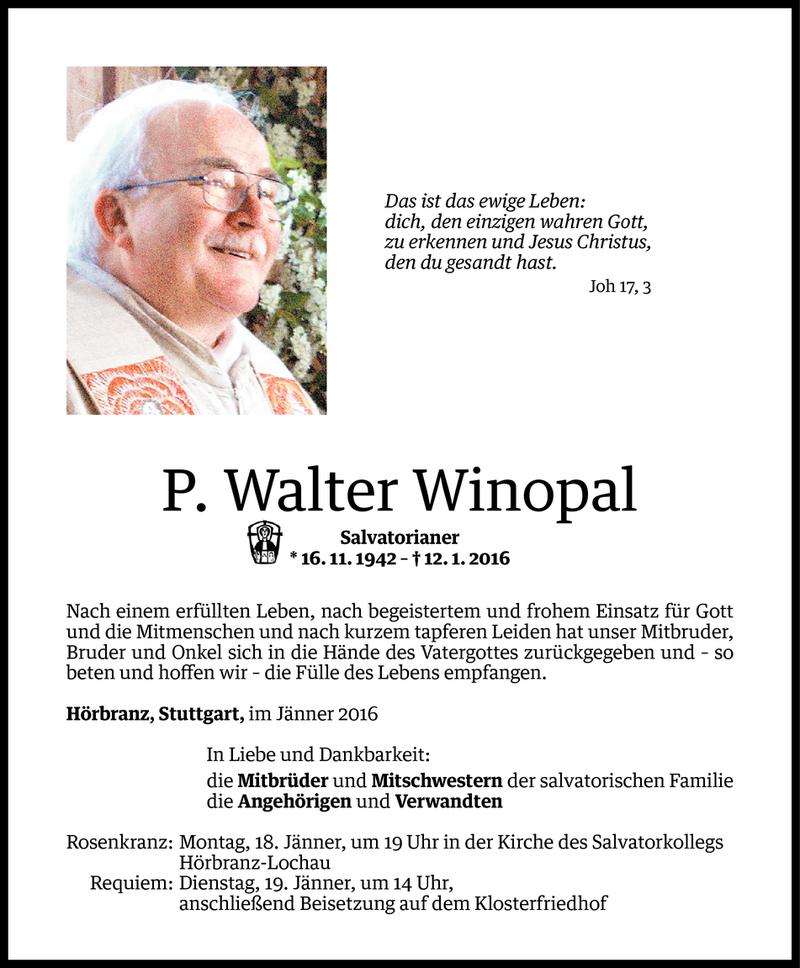  Todesanzeige für Walter Winopal vom 14.01.2016 aus Vorarlberger Nachrichten