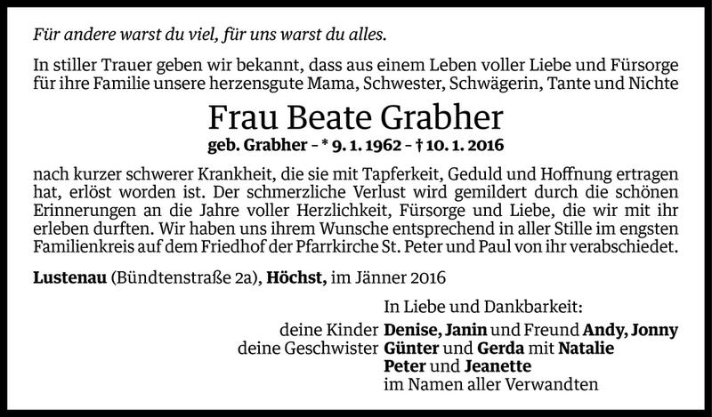  Todesanzeige für Beate Grabher vom 15.01.2016 aus Vorarlberger Nachrichten